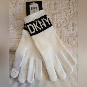 DKNY Ivory White Black Logo Band Cozy Knit Sweater Gloves One Size Fits Most NWT